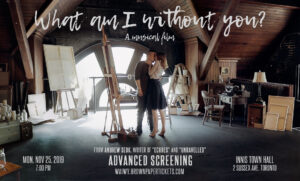 clean up and vfx-What am I without you . (2019) 4 Promotional poster for the musical film "What am I without you?" by Andrew Seok, featuring a couple kissing in a rustic wooden artist loft surrounded by painting canvases, an easel, and a vintage typewriter desk under sloped attic beams.